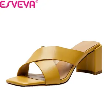 

ESVEVA 2020 Open-toed Slingback Women Pumps Fashion Square High Heel Sandals Cow Leather Summer Slip on Ladies Shoes Size 34-40