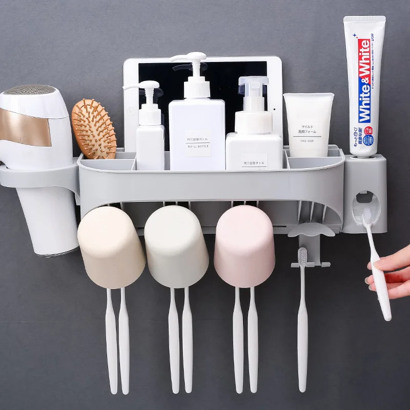 

Bathroom Storage Toothbrush Holder with Hair Drier Shelf and Toothpaste Dispenser Bathroom Organizer Bathroom Accessories Set
