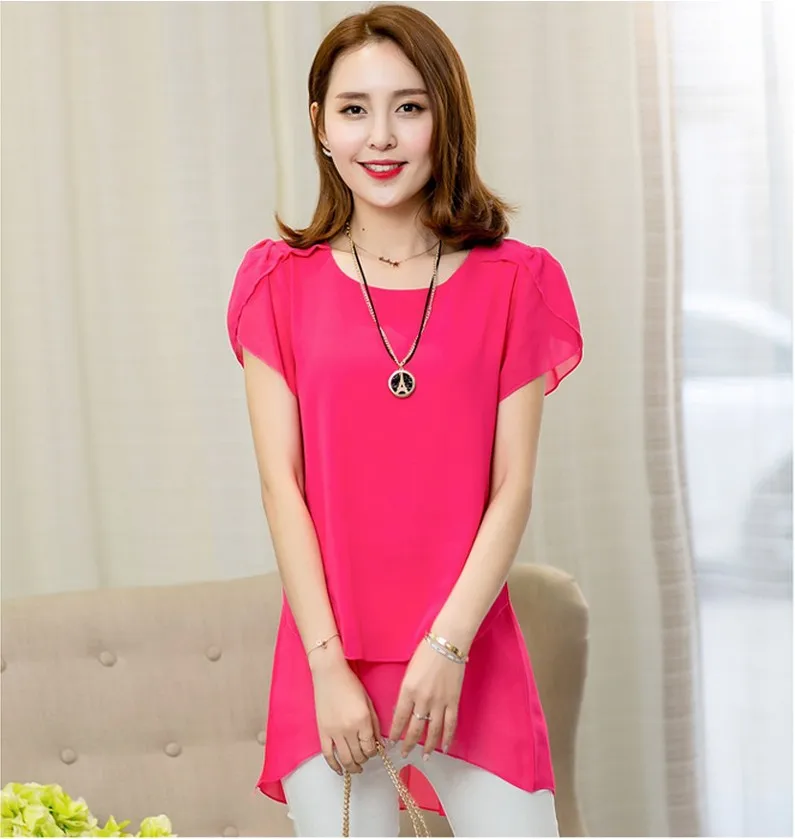 

Summer Wear New Style Korean-style Women's Slim Fit Mid-length Short-sleeved Chiffon Shirt Fat Mm Tops Large Size Loose Base Shi