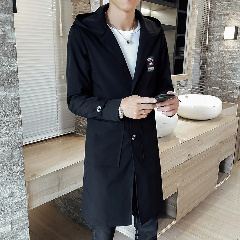  Men's coat long spring and autumn windbreaker men's new hooded jacket brand clothing men's slim cas