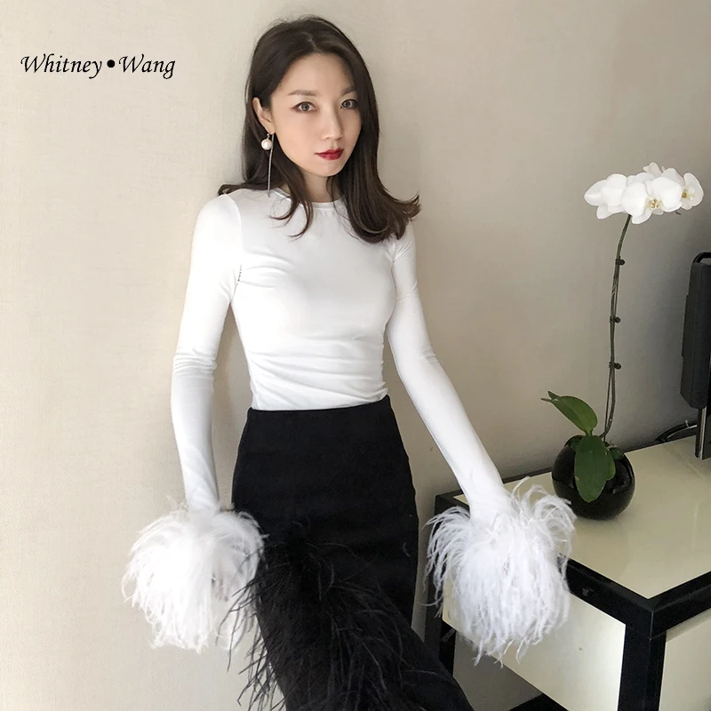 Женская уличная футболка WHITNEY WANG Весенняя облегающая с перьями на рукавах в стиле