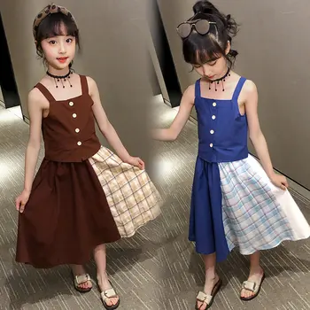 

Kids Girls Clothes Set Solid Vest + Skirt 2PCS Girl Summer Patchwork Clothes Casual Teen Clothes For Children 4 6 8 10 12 13Year