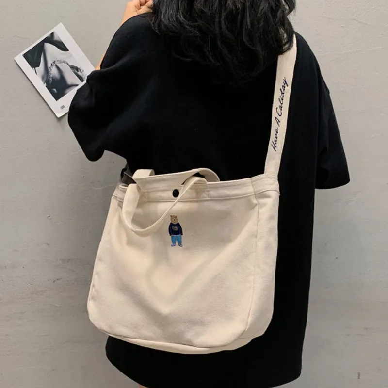 

Women Messenger Bag Simple White Black Canvas Crossbody-bag For Teenager Girls Student Bookbag Shoulder Bags College Schoolbag