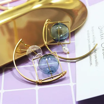 

Fashion Asymmetric Retro Brass Colored Glass Bubble Exaggerated Drop Earring Original Design Abstract Handmade Dangle Earrings
