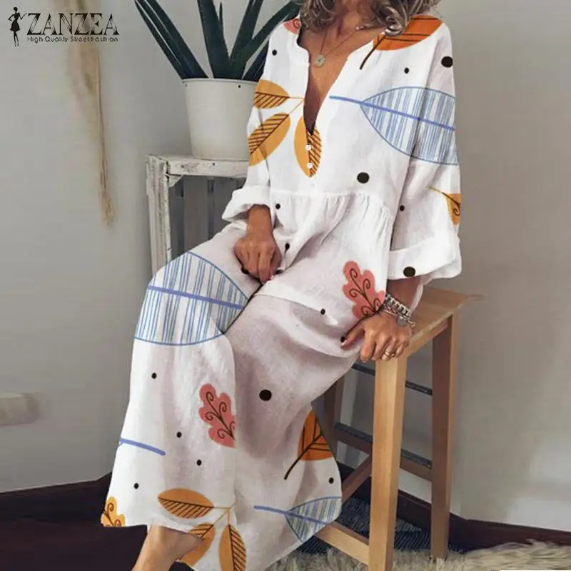 ZANZEA женское длинное платье макси с v-образным вырезом и длинным рукавом с цветочным принтом осеннее богемное пляжное платье Кафтан Vestido Robe Femme