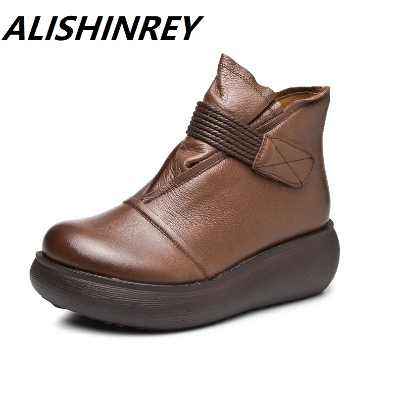 ALISHINREY/Модные женские ботинки из натуральной кожи; зимняя обувь; повседневные Мокасины; женские ботинки; обувь на танкетке; обувь ручной работы; женские ботинки