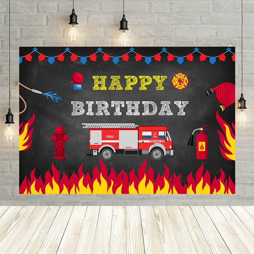 

Mehofond Fire Truck Photo Background Fireman Burning Fire Boy Baby Birthday Party Banner Photography Backdrops Studio Photophone