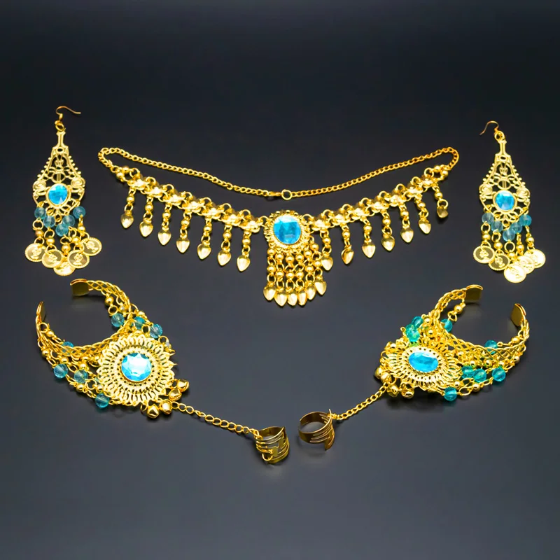 Turquoise-5pcs set Индийские аксессуары для танца живота набор для женщин танец живота Стразы ожерелье серьги комплект ювелирных изделий принадлежности для танца живота - Цвет: Turquoise-5pcs set