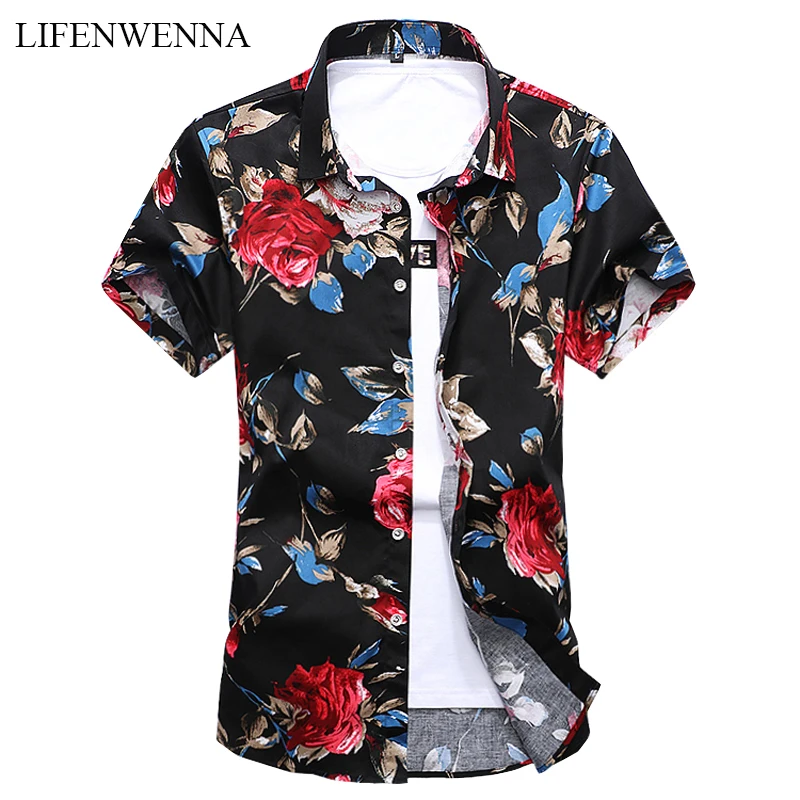 M-7XL, новинка, летняя модная мужская рубашка, приталенная, короткий рукав, цветочный рисунок, Мужская одежда, тренд размера плюс, мужские повседневные рубашки с цветочным принтом