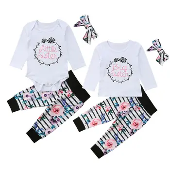

Sister Matching Kid Baby Girls Romper Long Sleeve T-shirt Tops Pants Headwear 3cs Outfits Baby Kids Casual Clothes Sets