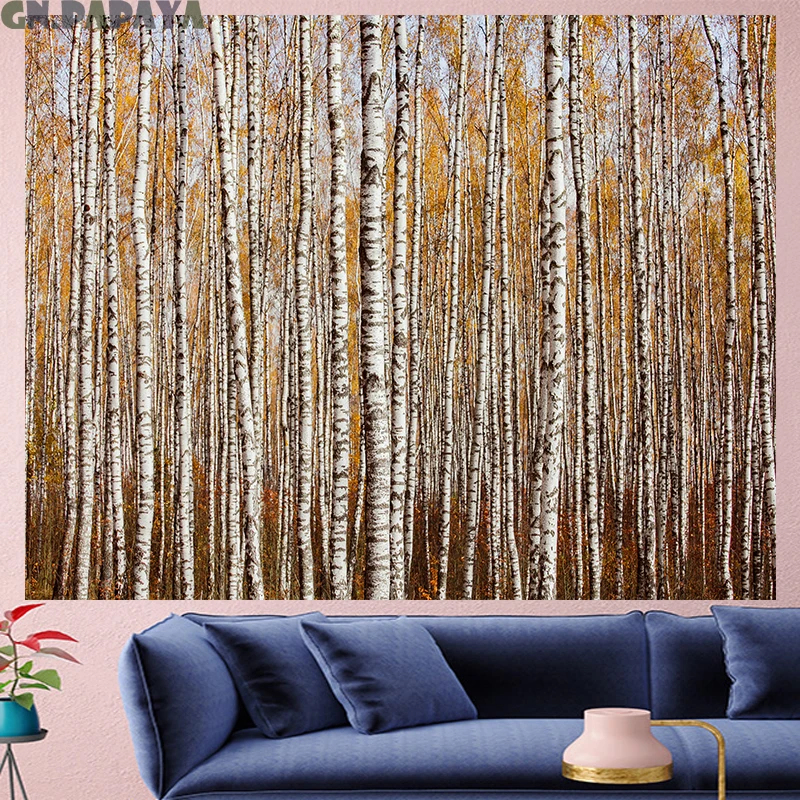 

Birch forest tapestry Wall Hanging farmhouse decor gold tree Scenic landscape tapestries boheme Polyester Yoga mat beach