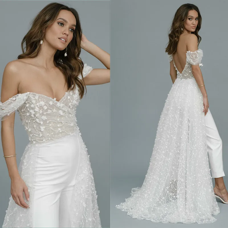Wedding Jumpsuit with Long Train Lace 3D Custom Made  Appliqued Sequins Bridal Pants Suit Off the Shoulder Vestidos De Novia