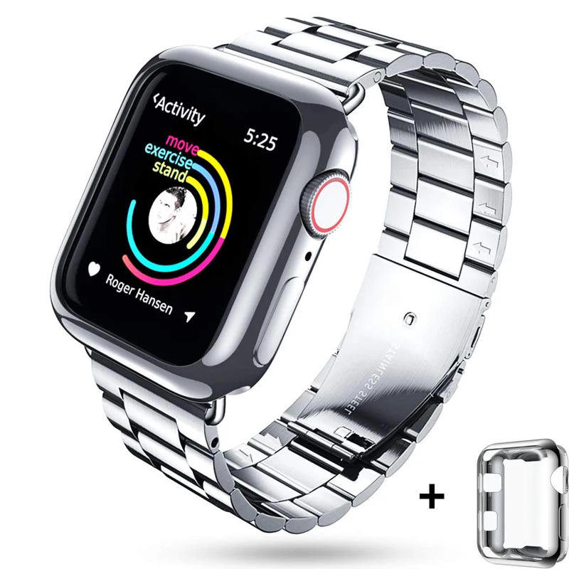 Металлический ремешок+ чехол для apple watch 4 5 ремешок 42 мм, 38 мм, Версия 44 мм 40 мм наручных часов iwatch, 5/4/3/2/1 браслет+ Полное защитное покрытие для экрана Комплектующие