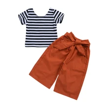 Комплекты для девочек футболка в полоску с короткими рукавами топ+ длинные штаны Свободные Штаны, комплекты повседневной одежды От 6 месяцев до 5 лет Одежда для маленьких девочек