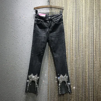 

European Diamond Jeans Woman 2020 Spring New High-Waist Slim Stretch Rhinestone Beaded Tassel Cropped Denim Trousers Students