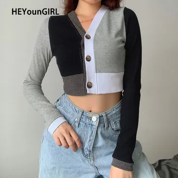 

HEYounGIRL Patchwork Knitted Casual Crop Cardigan Women Buttons Autumn Long Sleeve V Neck Sweater Ladies Fashion Jumpers Ladies