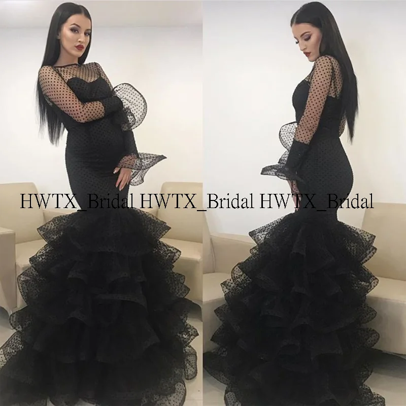 Сексуальное черное вечернее платье русалки, новинка, на заказ, прозрачные, с длинным рукавом, многоярусные юбки, Арабский Дубай, официальное платье, Robe de soiree
