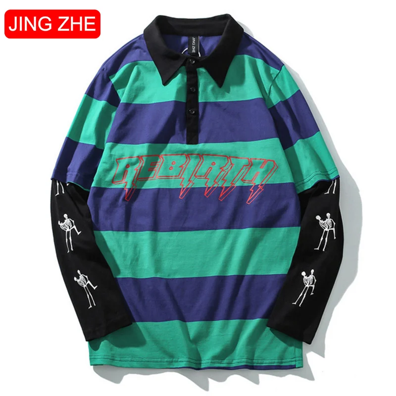 

JING ZHE High Street Sweatshirt Men's Striped Patchwork Color Fake 2 Pieces Pullover Turn-down Collar Sweatshirt Harajuku Jumper