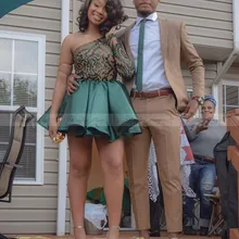 Изумрудно-зеленое короткое платье на одно плечо для выпускного вечера, черное платье с длинными рукавами для девочек, платье для выпускного вечера в африканском стиле, полуформальные вечерние платья