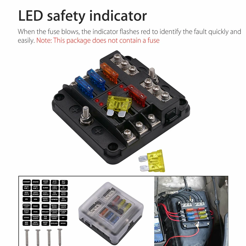 6Way 12V 24V Авто Мощность распределения лезвие коробка предохранителей блокировочная панель доска блок предохранителей с Светодиодный индикатор 1 и 6