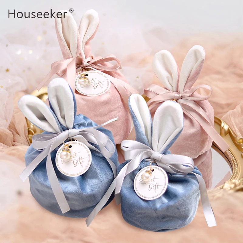 Bolsas de terciopelo con Orejas de conejo de dibujos animados, embalaje de galletas de caramelo para hornear, bolsa de regalo autoadhesiva para fiesta feliz, galletas