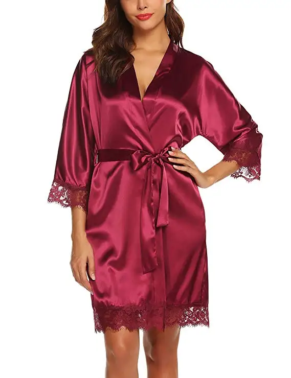 New Fashion Women's Bathrobes Satin Robe Nightgown Sleepwear Pajamas Lingerie Night Mini Dress Lace Sexy Halt Sleeve