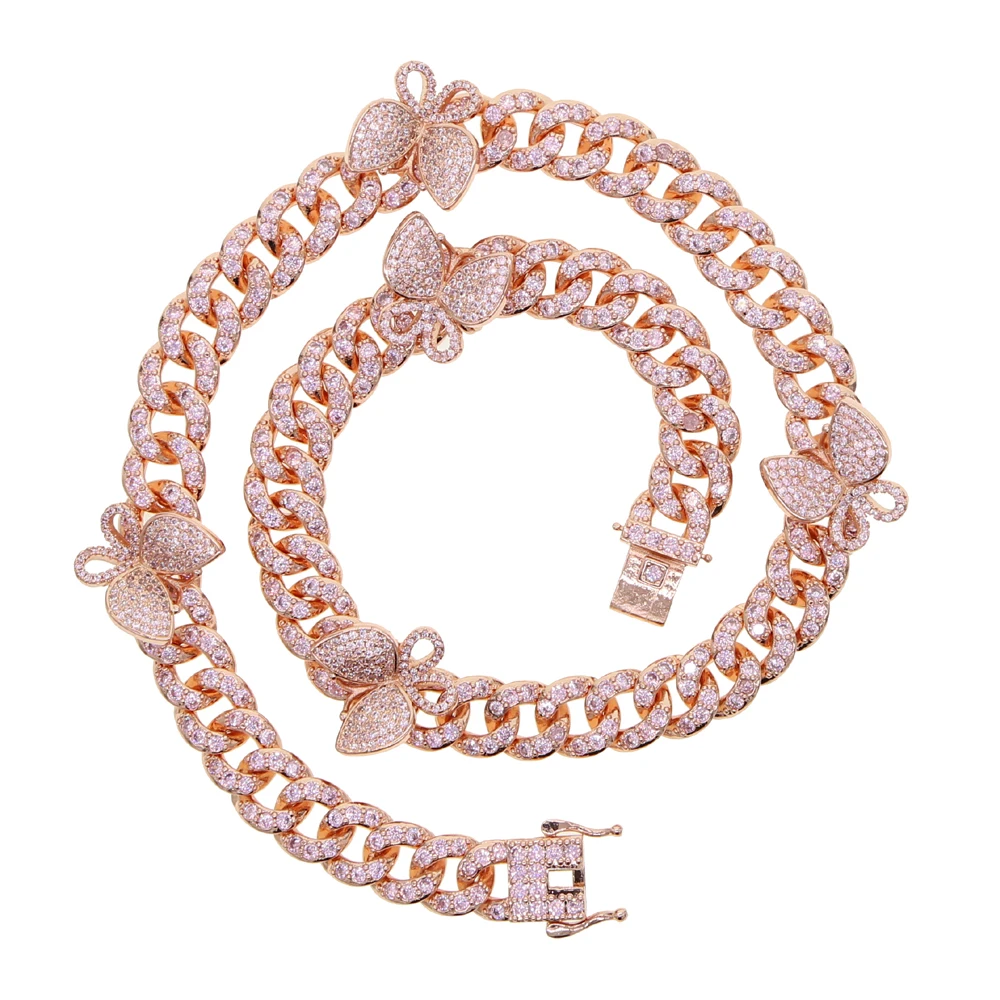 iced out bling cz Miami cuban link chain Butterfly charm choker necklace hip hop women jewelry