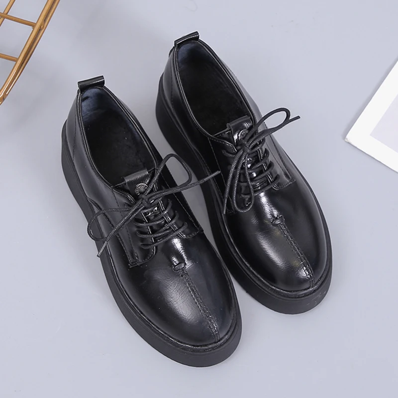

2019 Spring Leather Flats Shoes Woman Lace Up Soft Comfort Platform Oxford Round Toe Flats Oxford Femme Casual Black Flats Mujer