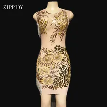 Яркие кристаллы цепи зеркальные камни платье сетка перспективное платье вечернее день рождения прозрачный наряд представление YOUDU