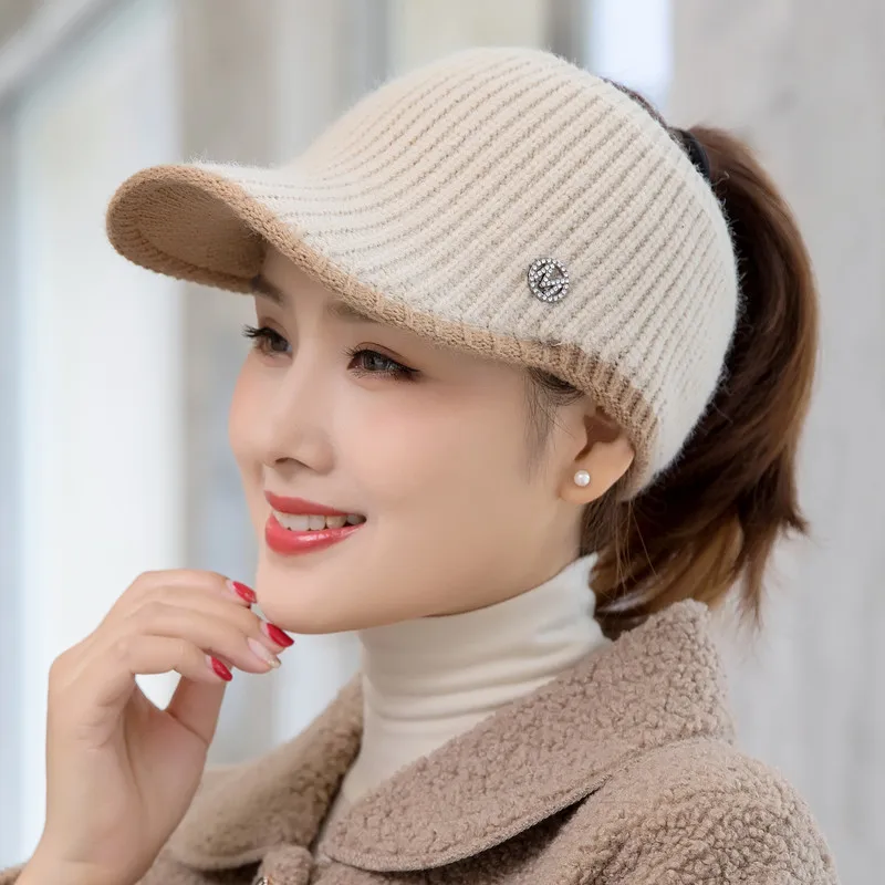 New Women Color Matching Casual Winter Hat Letter Empty Top Cap For Female Knitted Hat