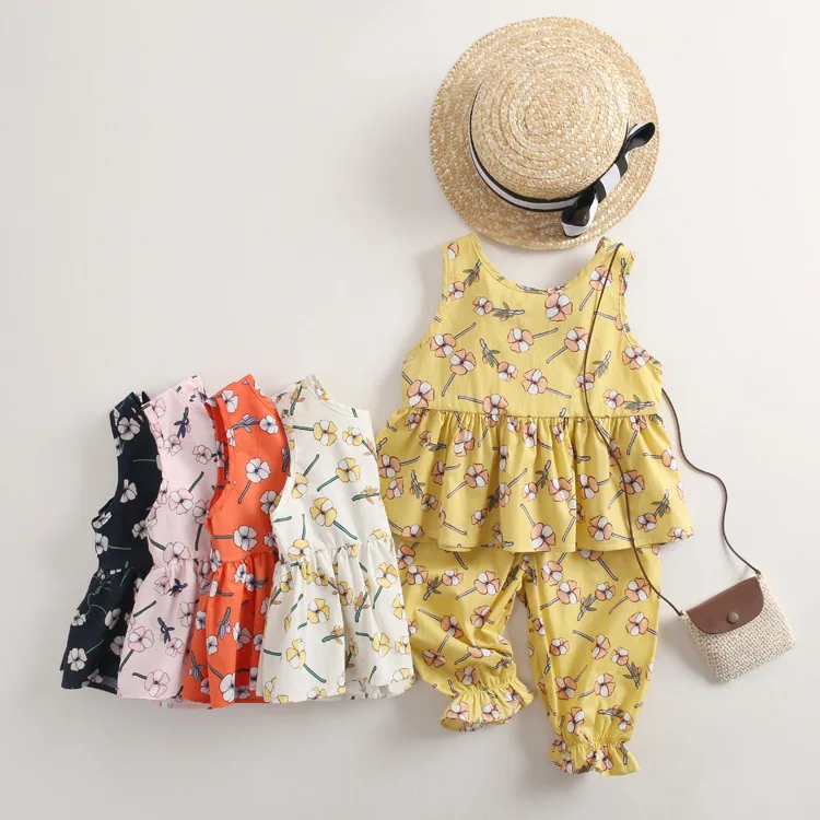 

2019 New Style Girls' Dress Suit Sleeveless + Pants Floral-Print with Beach Skirt Western Style Summer Wear Korean-style 1-3