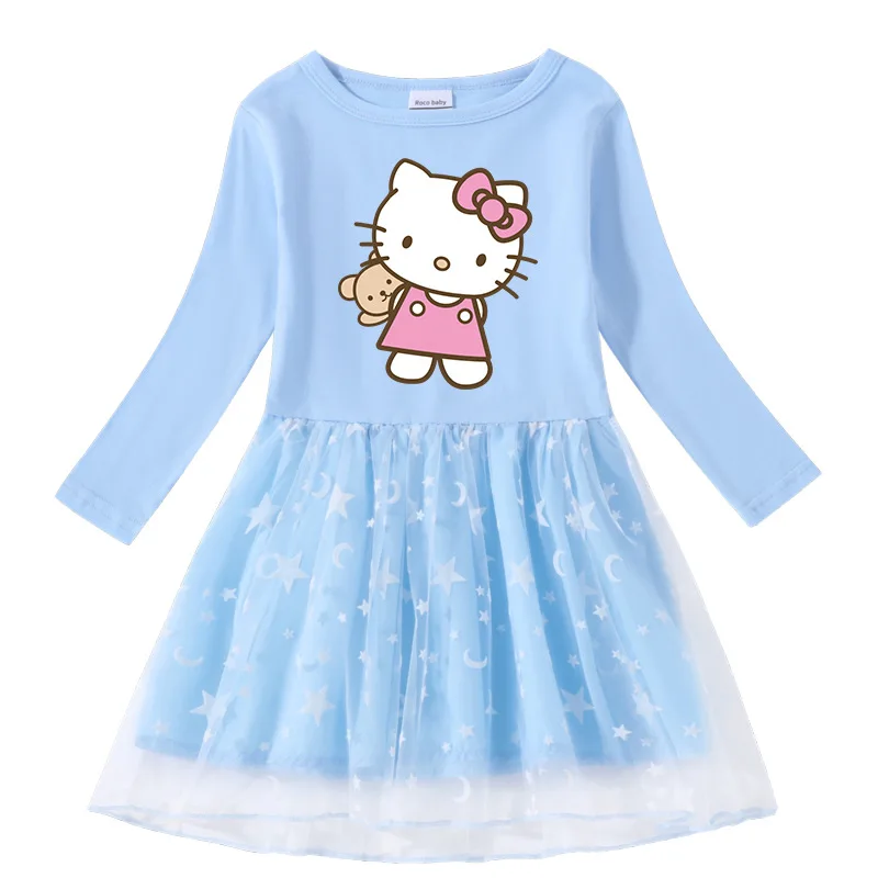 thumbnail image 1 of Hello Kitty primavera y otoño nuevas niñas vestido de algodón con estampado de dibujos animados lindo estrella Luna hilo neto manga larga vestido de princesa plisado, 1 of 5