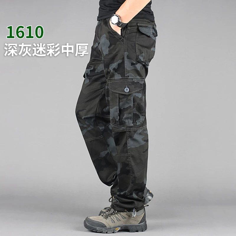 Outdoor Climbing Fishing Camp Multi-pocket Military Cargo Pants Spring Autumn Men Sports Cotton Tactical Army Trousers Overalls - Цвет: 1610 Gray Camouflage