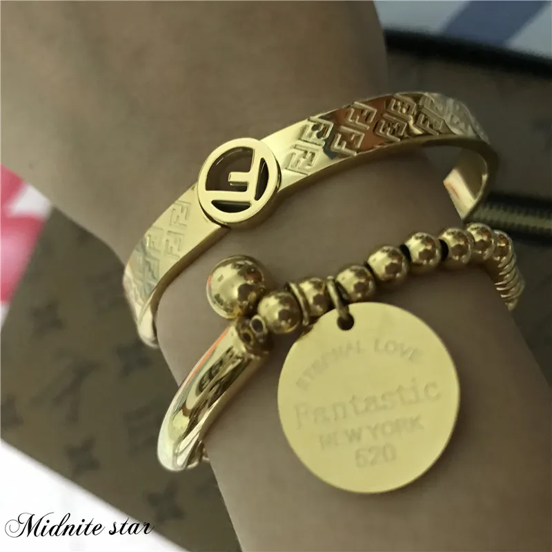 

Bangle Bracelet Set Fashion F 7MM Bracelet Gold Plating Cuff Open Bracelet Stainless Steel Charm Trendy Jewelry Woman Size