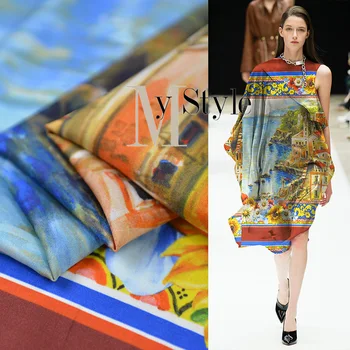

Castle Printed 140cm Wide 21Momme 95%silk 5%spandex Silk Stretch Satin Fabric Sewing Diy Shrink Resistant Dress Free Shipping