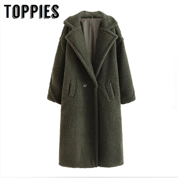 

Vintage Army Green Long Coat Imitation Lamb Wool Coat European Fashion Ladies Peacoat 2019 Winter Women Outwear