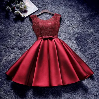 

Burgundy Champagne Gray Satin Short Bridesmaid Dresses with Bow 2020 Lace Embroidery Party Dress Knee Length