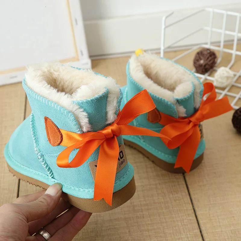 Новые брендовые зимние меховые ботинки для маленьких девочек; Водонепроницаемая детская зимняя обувь с бантом; теплые плюшевые детские ботинки для мальчиков и девочек; ботинки для малышей