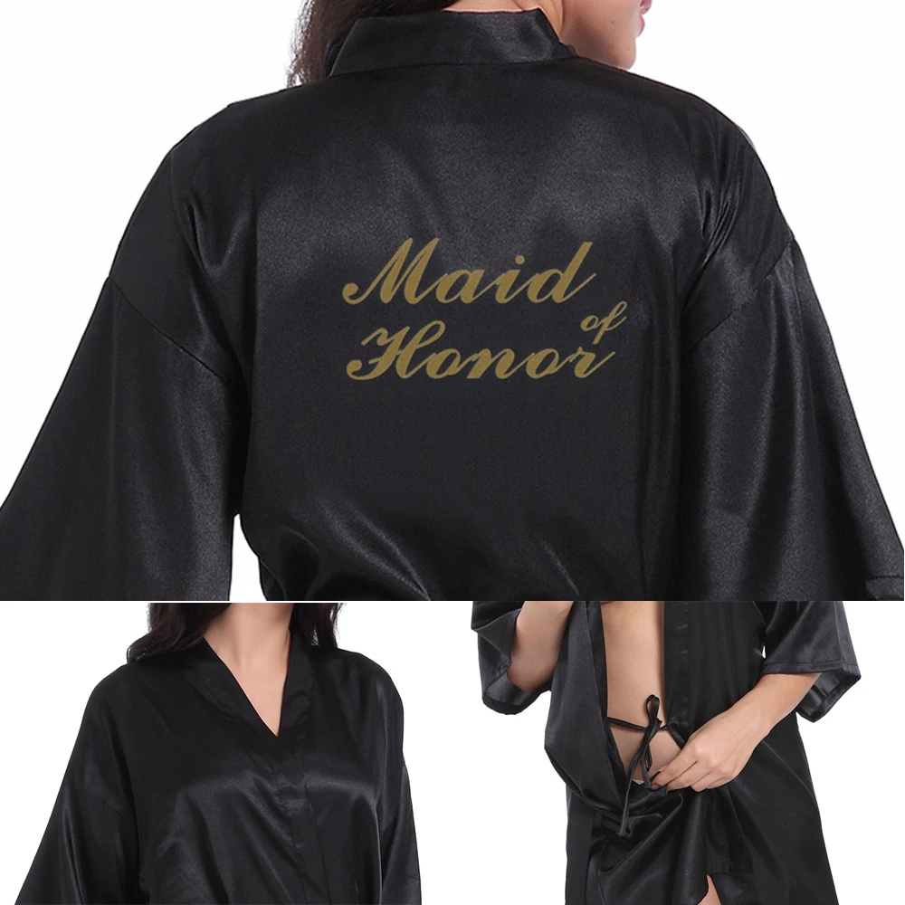 

Maid of Honor Bride Bridesmaid Dress Gown Satin Silk Robes Wedding BathRobe Stamping Women Pajamas Makeup Morning Robe Plus Size