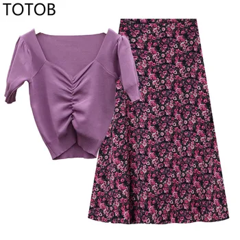 

TOTOB short half-shoulder pleated sweater short sleeve + fuchsia chiffon floral skirt 2020 summer new Korean style suit