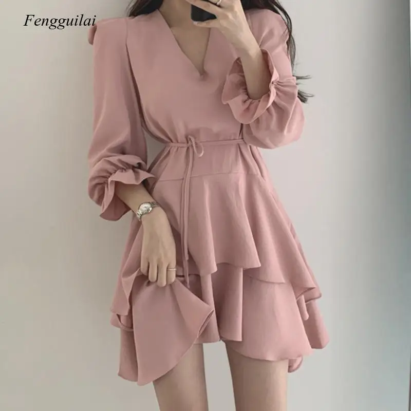 

Korean Autumn French Retro V-Neck Lace Up Waist Double Ruffle Flared Sleeve Dress for Women