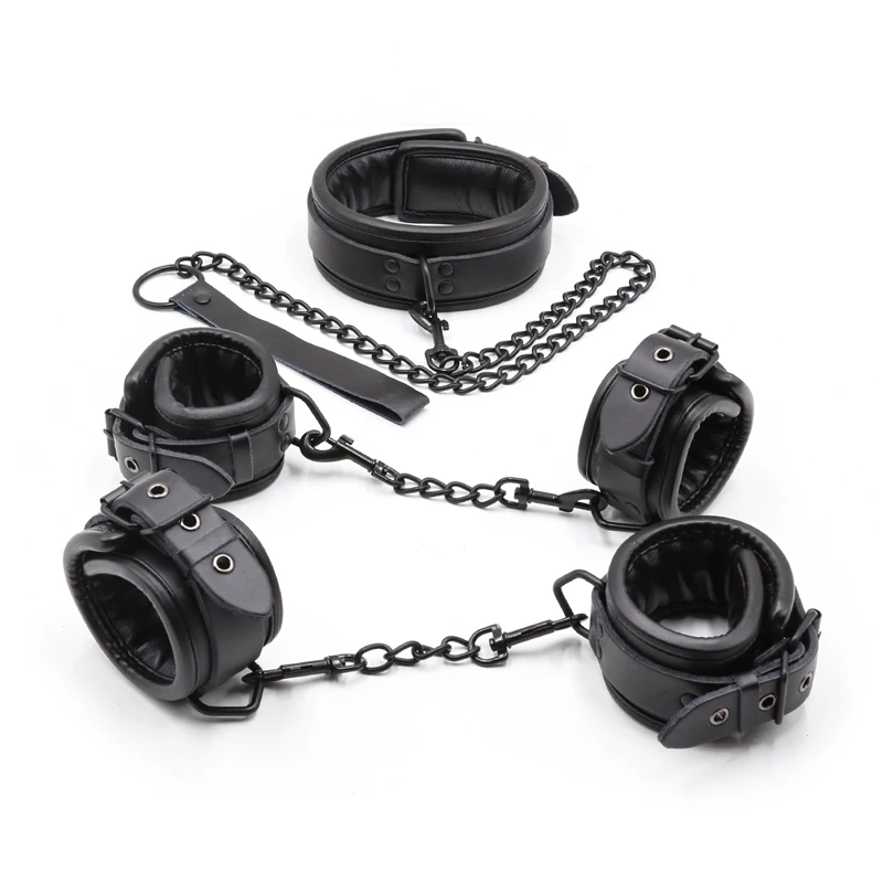 Black Genuine Leather Bdsm Bondage Set 3pcs Restraints Collars Ankle 