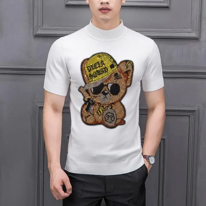 

Top quality Rhinestones short sleeve Ca Thin design Autumn Men's Slim Fit Pullover Sweaters Male Diamond Rhinestone Color O-Neck