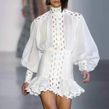 

Bodycon Dress Female Lantern Long Sleeve High Waist Hollow Out Ruffle Hem Shirt Dresses Women 2019 Autumn Fashion