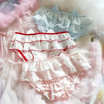 

Japanese Cute Anime Soft Girl Cake Chiffon Ruffles Cat Paw Printed Milk Silk Panties Sexy Lolita Young Girl Briefs Underwear