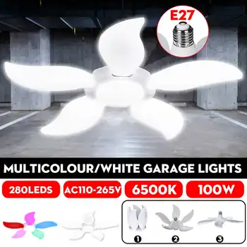 

100W 280LED Five-leaf Folding LED Bulb Fan Blade Multicolour/White LED Garage Lights Deformable Ceiling Workshop Lamp