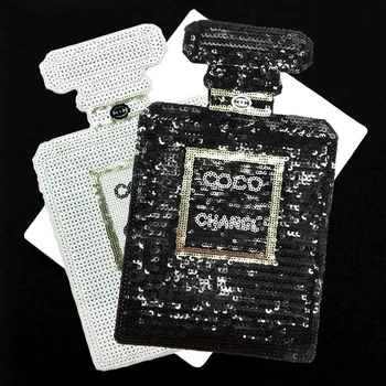 

1 Pc CC Large Sequin White Black Gold Perfume bottle Patches Sew Iron On Patches for Clothes bags Embroidery Stickers Applique