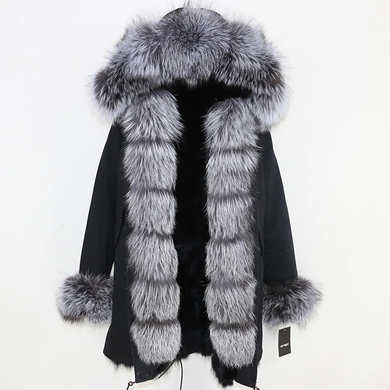 black silver F Женская парка на натуральном меху OFTBUY, черное пальто с натуральным лисьим мехом, с капюшоном с отделкой из меха енота, толстая теплая уличная одежда, зима - Цвет: black silver F