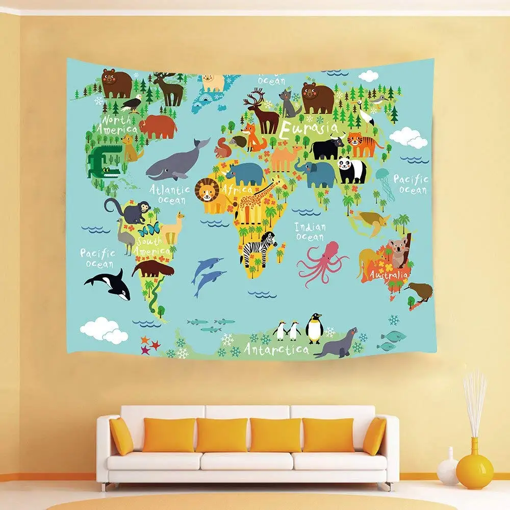 

World Map Tapestry Animal Cartoon Wild Ocean and Land Distribution