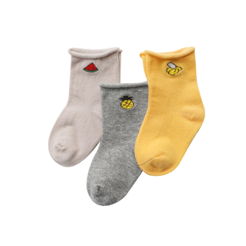 Khaki Gray Yellow Комплект носков для девочек, хлопковые детские носки для маленьких девочек, бесшовные носки для мальчиков, детские носки, 3 пар/лот, забавная фруктовая обувь - Цвет: Khaki Gray Yellow